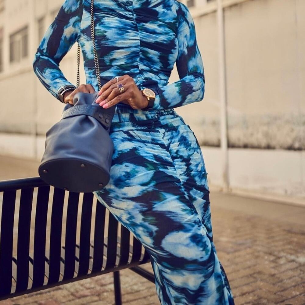 ABERCROMBIE Ruched Bodycon Long Sleeve Maxi Dress Blue Abstract XL